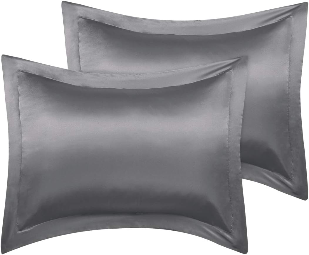 PiccoCasa 2 Pack Satin Pillowcase for Hair and Skin, Euro Sham Pillow Covers Soft Silky Oxford Pillow Cases with Envelope Closure Queen(20"…