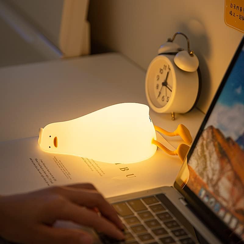 Happybag LED Lying Flat Duck Night Light, 3 Level Dimmable Nursery Nightlight, Cute Lamps Silicone Squishy Light Up Duck, Rechargeable Bedsid…