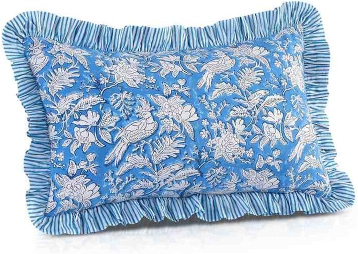 Cottonprintclub CPC Hand Block Print Blue Sapphire Ruffle Sham Pillow Cover 20" x 12" inch Hidden Zipper Decorative Pillowcase for Couch, B…