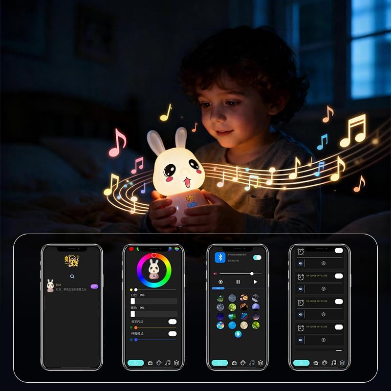 wapentake Cute Bunny Night Light for Kids, 16 Colors Changing Baby Night Light with Bluetooth Speaker & Music, APP Control Rechargeable…