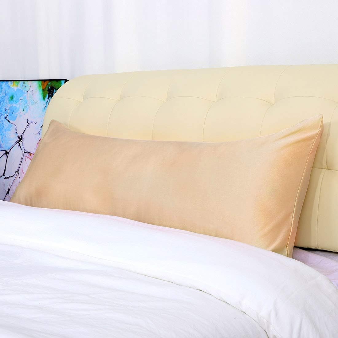 uxcell Body Pillow Cover 20x48 Inch Champagne Silky Satin Body Pillowcases for Hair and Skin Luxury Cooling Soft Smooth Washable