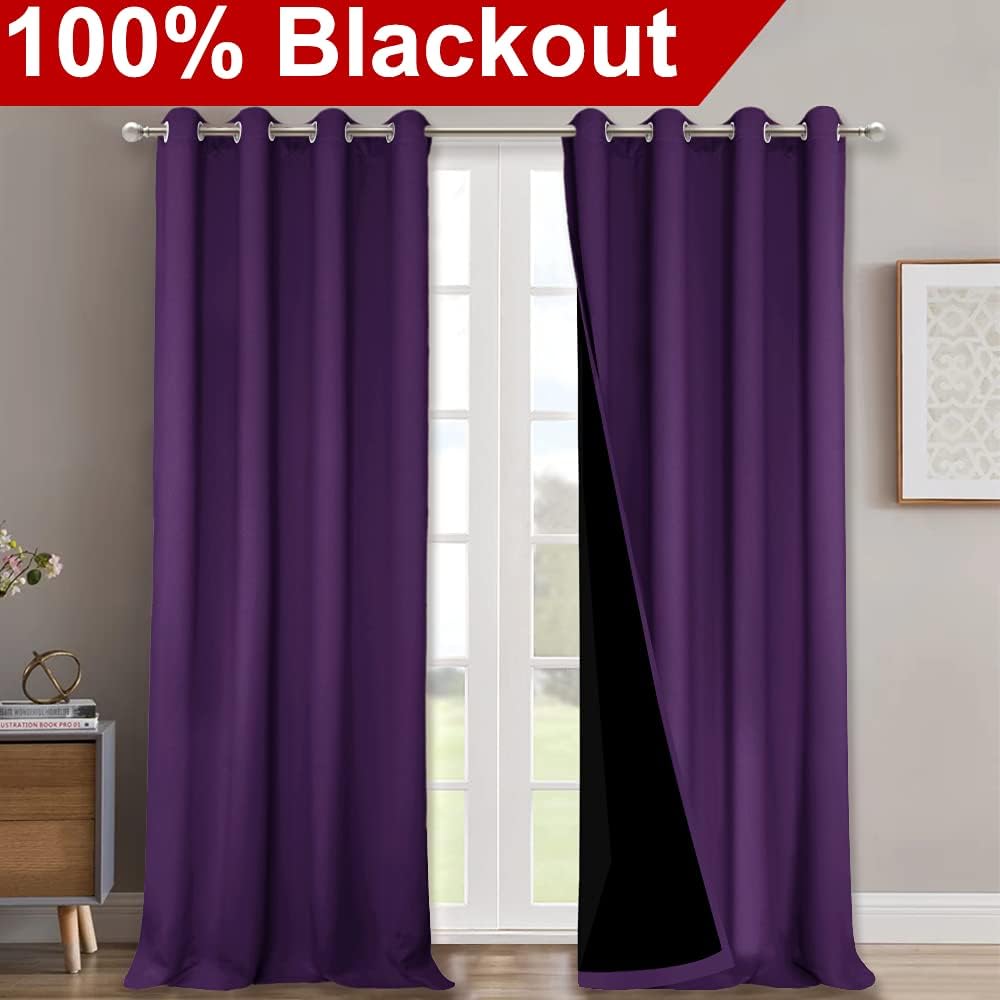 Nicetown 100% Blackout Curtains with Black Liner Backing, Thermal Insulated Curtains for Living Room, Noise Reducing Drapes, Royal Purple,…