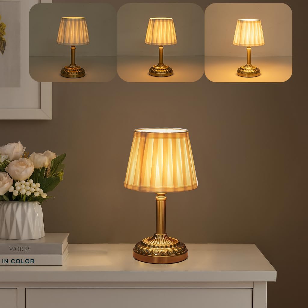 3 Way Dimmable Touch Control Cordless Table Lamp with Pleated Fabric Shade Glam Rechargeable Bedside Nightstand Lamp Small LED Desk Lamp…