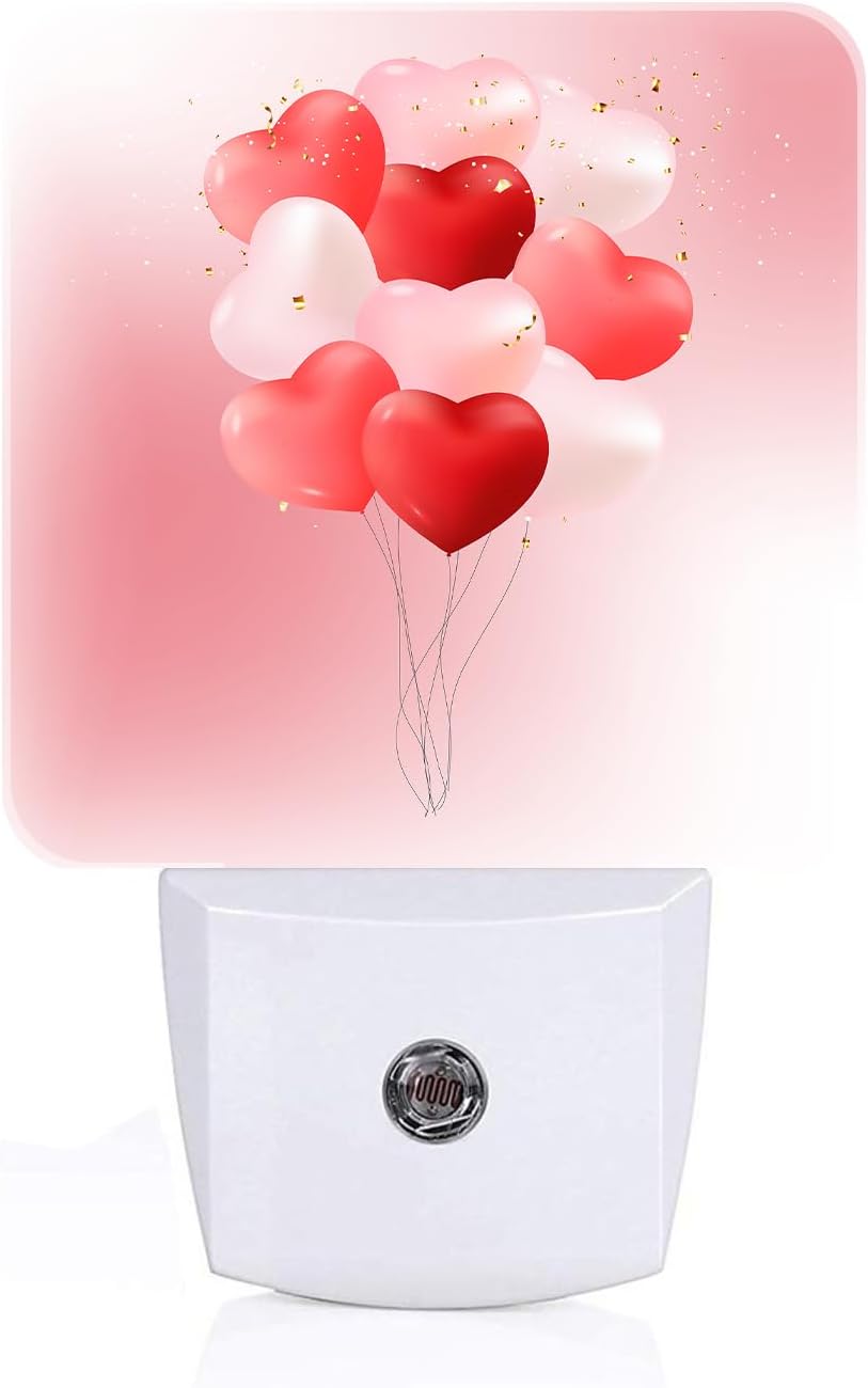Pink Candy Heart Balloons Night Light, Plug-in Night Lights with Dusk-to-Dawn Sensor for Stairway, Hallway, Bedroom Sleep Friendly Ideal for…