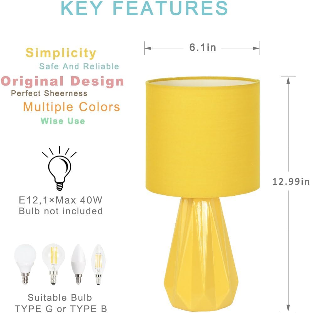 Elisa Yellow Small Table Lamp for Living Room as Bedside Table Lamp for Bedroom, Modern Ceramic Kids Night Table Lamp, Φ6.1×H12.4IN, Bulb…