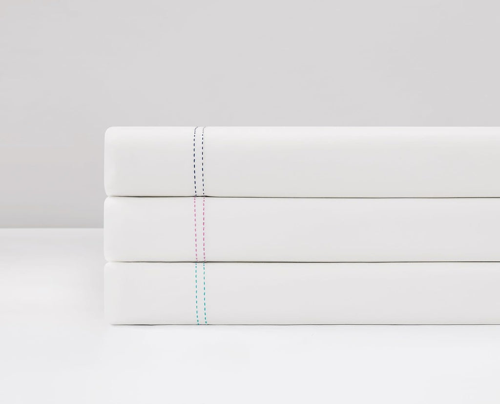 Scout 100% Cotton Percale Pick Stitch 2-Piece Standard Pillowcases in White/Seafoam, Solid Color, Oeko-TEX Certified Cotton White