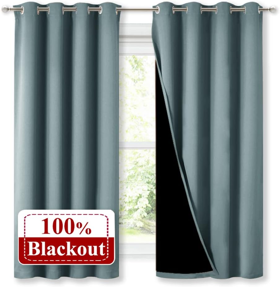 Nicetown 100% Blackout Curtains with Black Liners, Thermal Insulated Full Blackout 2-Layer Lined Drapes, Energy Efficiency Window Draperies…