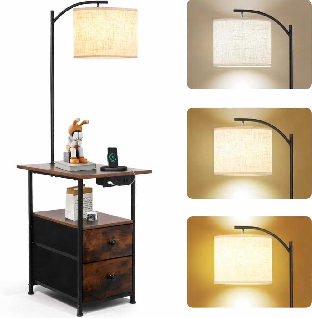 PESRAE Floor Lamp with Table & 2 Drawers, End Table with 3 Color Temperature Reading Light, Side Table Lamp with USB & Type C & AC…