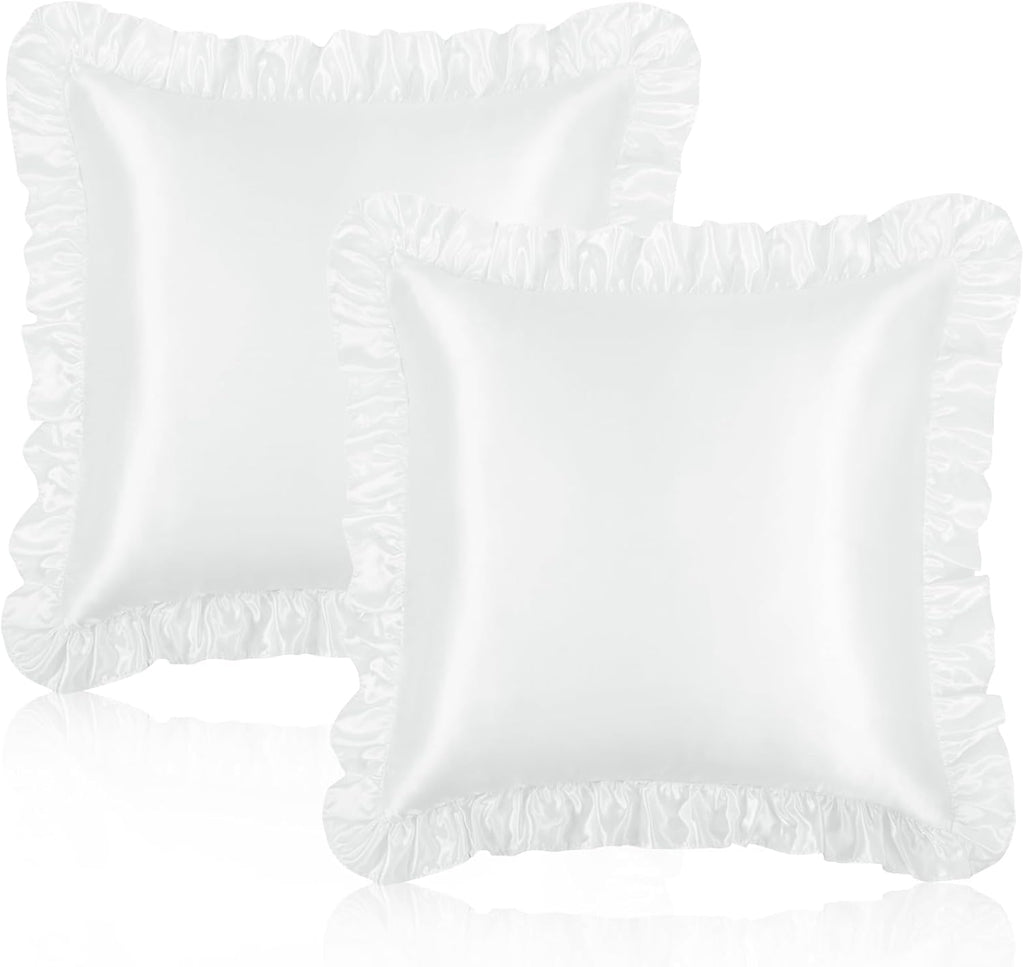 Homiest Ruffle Euro Sham Covers 26x26 Inch Set of 2, White Satin Pillow Shams with 3 Inch Wide Decorative Ruffled, European Square Satin…