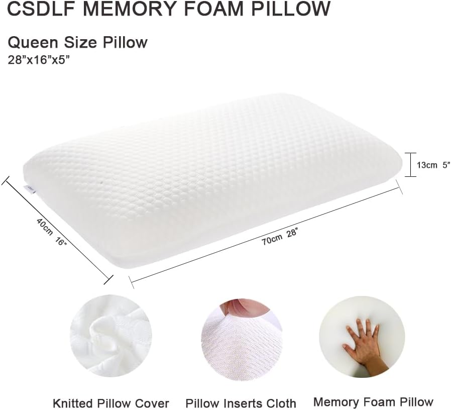 Csdlf Memory Foam Bed Pillows, Pillow for Side and Back Sleeper, Pillow for Neck, Washable Removable Cover, Soft, White (Queen) White