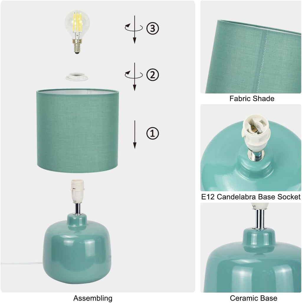 Oslo Green Small Ceramic Table Lamp for Living Room and Bedroom, Modern Kids Night Table Lamp, Φ7.09×H13.39IN, Bulb Excluded