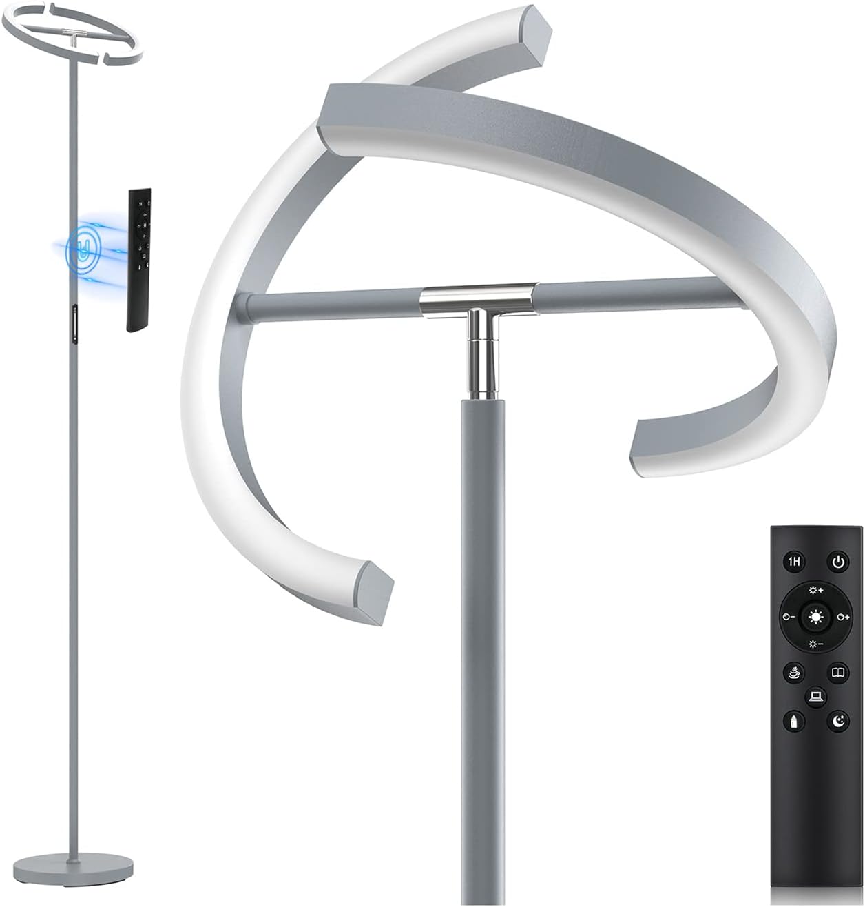 SIBRILLE Silver Floor Lamps for Living Room, Stepless Dimmable Standing Lamp with Touch Remote Control, 22W Rotatable LED Floor Light…