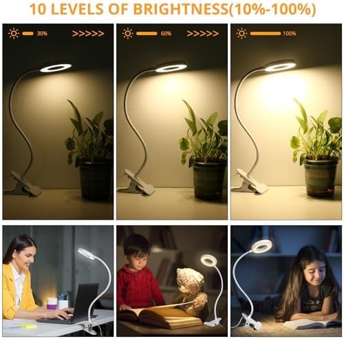 Woputne Desk Clip on Lamp for Reading Home Office, with 5V 2A Adapter, 10 Dimmable Brightness 3 Modes, Clamp Reading Light for Bed Headboar…