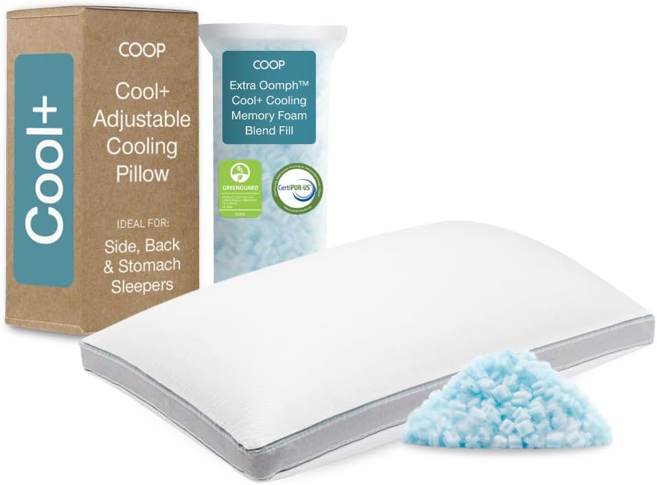 Coop Home Goods Cool+ Adjustable Pillow, Queen Size Plus Shaped Memory Foam Pillows with Cooling Gel, Back, Stomach or Side Sleeper, Neck…