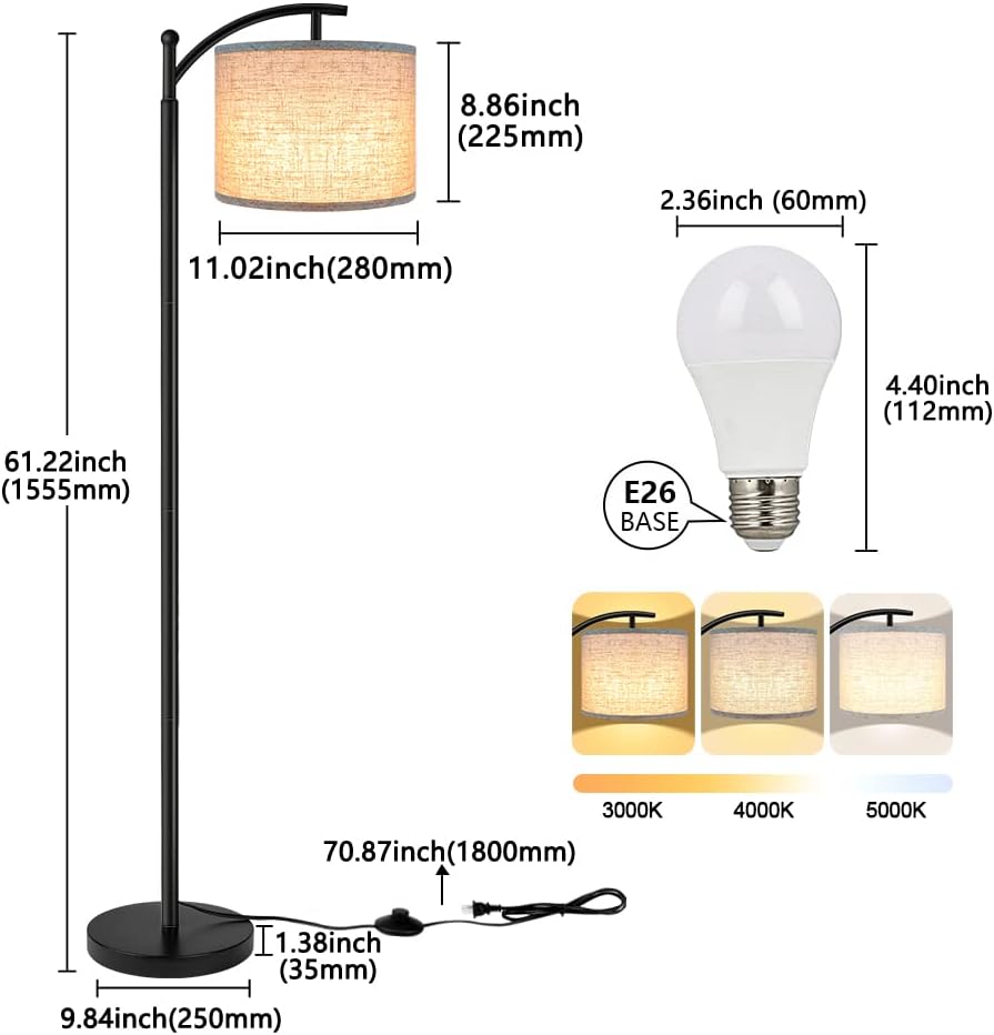 ROTTOGOON Floor Lamp for Living Room with 3 Color Temperatures LED Bulb, Standing Lamp Tall Industrial Floor Lamp Reading for Bedroom…