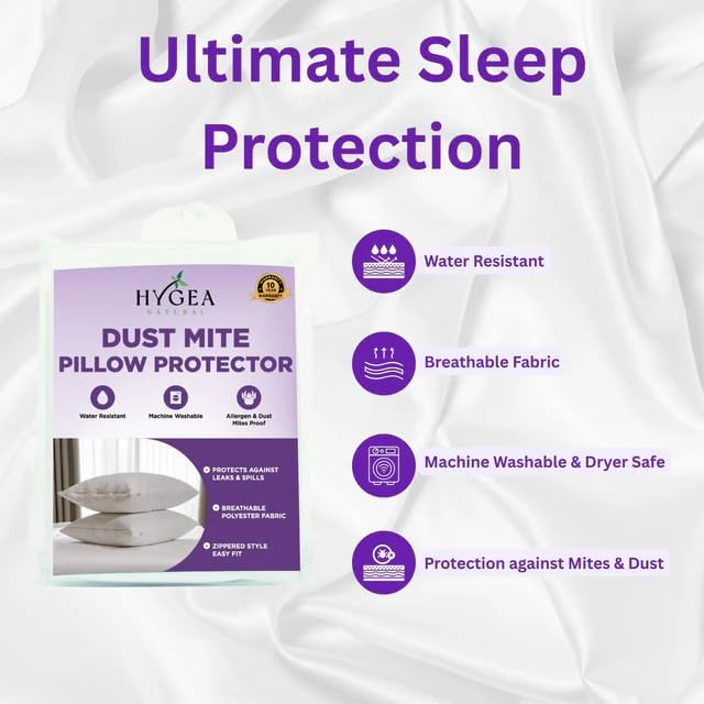 Hygea Dust Mite & Allergen Pillow Protectors, Standard Size, Set of 2 - Pillow Encasements - Zippered Covers - Hypoallergenic…