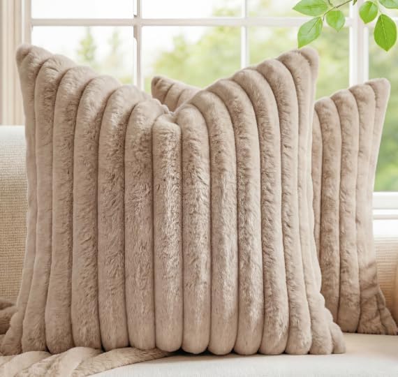 MEGAYES Pack of 2 Throw Pillow Covers 18x18 Decorative Solid Plush Faux Fur with Soft Velvet Back, Square Striped Cushion Cases Mode…