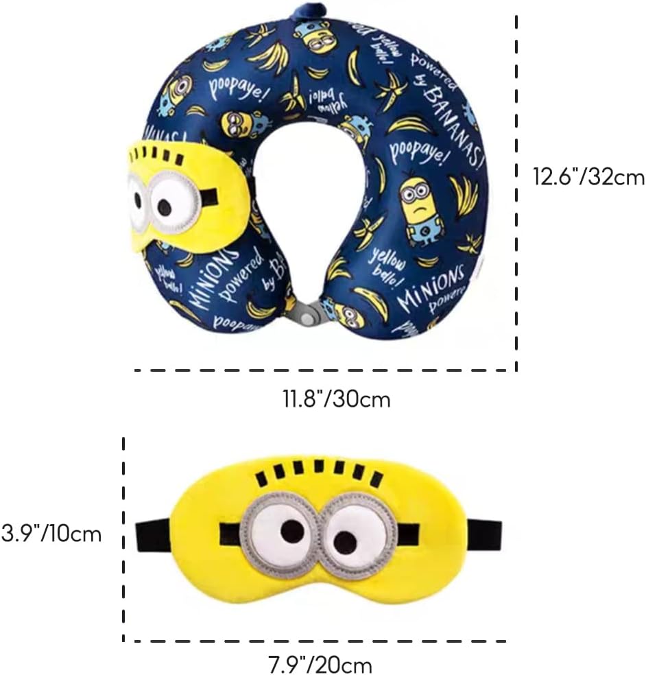 MINISO Minions Travel Neck Pillow with Eye Mask, Cute Cartoon 100% Memory Foam Neck Support Pillow, Lightweight Travelling Pillow Set for…