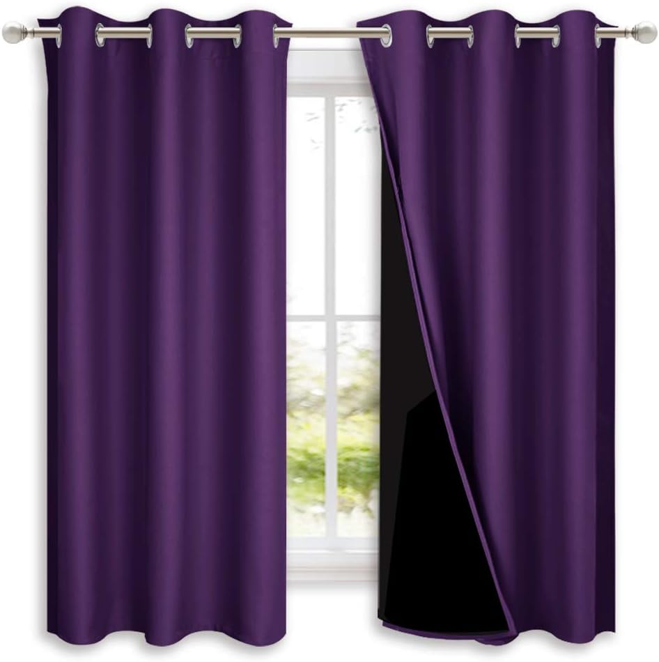 Nicetown 100% Blackout Room Warming Curtains 45 inches Long, Royal Purple, 2 Panels, 42-inch W, Thermal Insulated Full Blackout 2-Layer Lin…