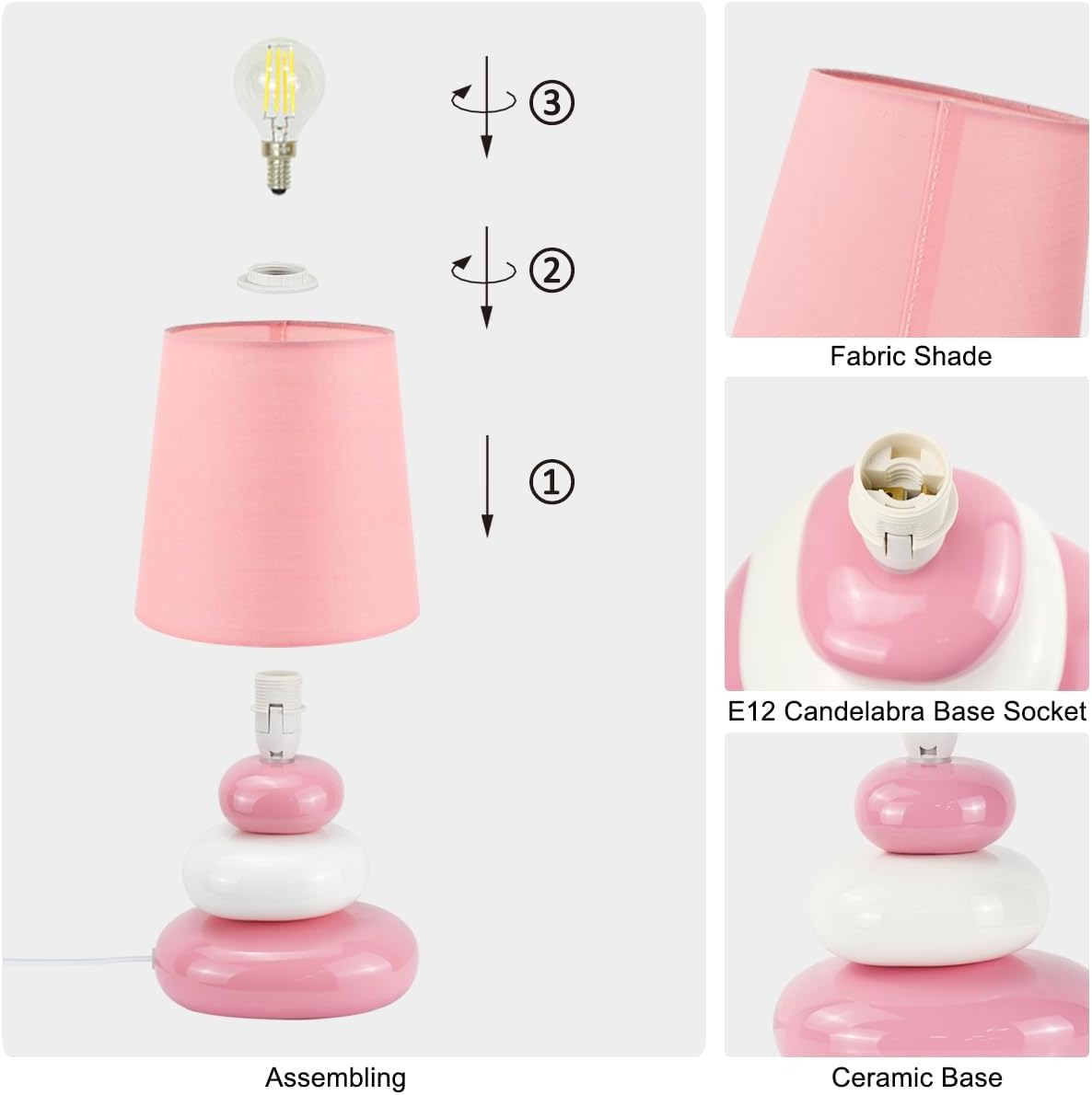 LULE Pink Small Table Lamp for Living Room as Bedside Table Lamp for Bedroom, Modern Ceramic Kids Night Table Lamp, Φ6.5×H12.2IN, Bulb Excluded