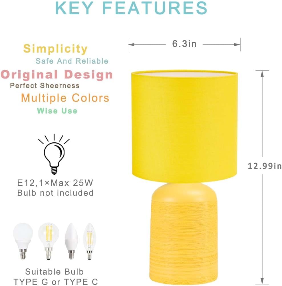 Maye Small Ceramic Table Lamp for Living Room and Bedroom, Modern Kids Night Table Lamp, Φ6.3×H13IN, Bulb Excluded, Yellow