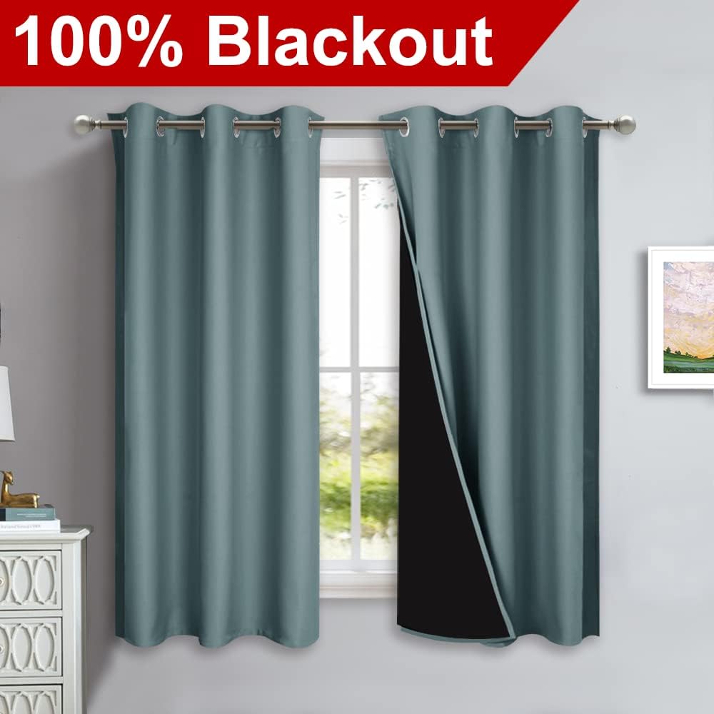 Nicetown 100% Blackout Short Curtains with Black Liners, 2 Panels, 37" W by 40" L, Greyish Blue, Solid Thermal Insulated Full Blackout 2-La…