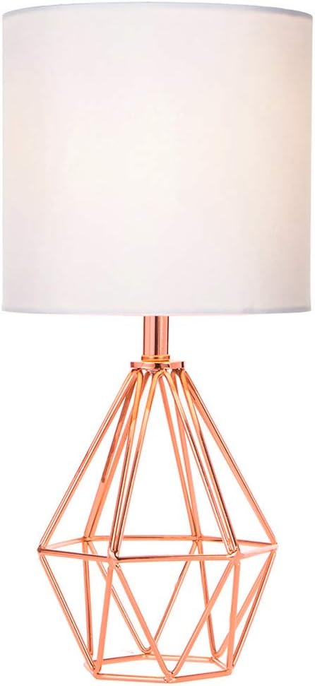 Rose Gold Bedside Table Lamp, Modern Small Desk Lamp with TC Fabric Shade Geometric Metal Base for Kids Living Room Bedroom Nightstand