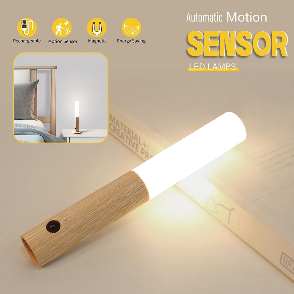LANDGOO Wooden Motion Sensor Night Lights, Magnet Body Hallway Lamp, Rechargeable LED Wall Sconces, Portable for Stairway Bedroom…
