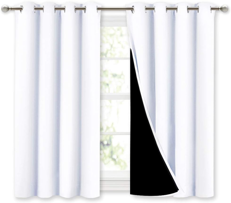 Nicetown White 100% Blackout Curtains 45 inches Long, 2 Thick Layers Completely Blackout Window Treatment Thermal Insulated Lined Drapes fo…
