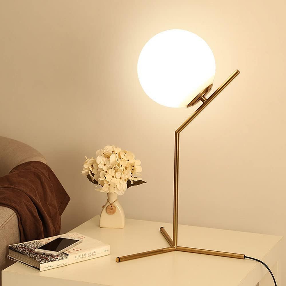 BOKT Modern 1-Light Glass Globe Table Lamp Contemporary Minimalist Tall Bedside Desk Nightstand Lamp Vintage Brush Gold Metal Table Light…