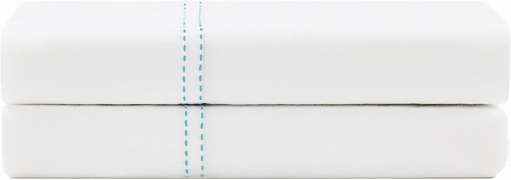 Scout 100% Cotton Percale Pick Stitch 2-Piece King Pillowcases in White/Seafoam, Solid Color, Oeko-TEX Certified Cotton White