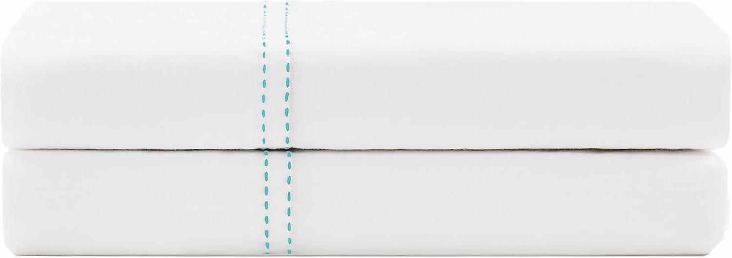 Scout 100% Cotton Percale Pick Stitch 2-Piece King Pillowcases in White/Seafoam, Solid Color, Oeko-TEX Certified Cotton White