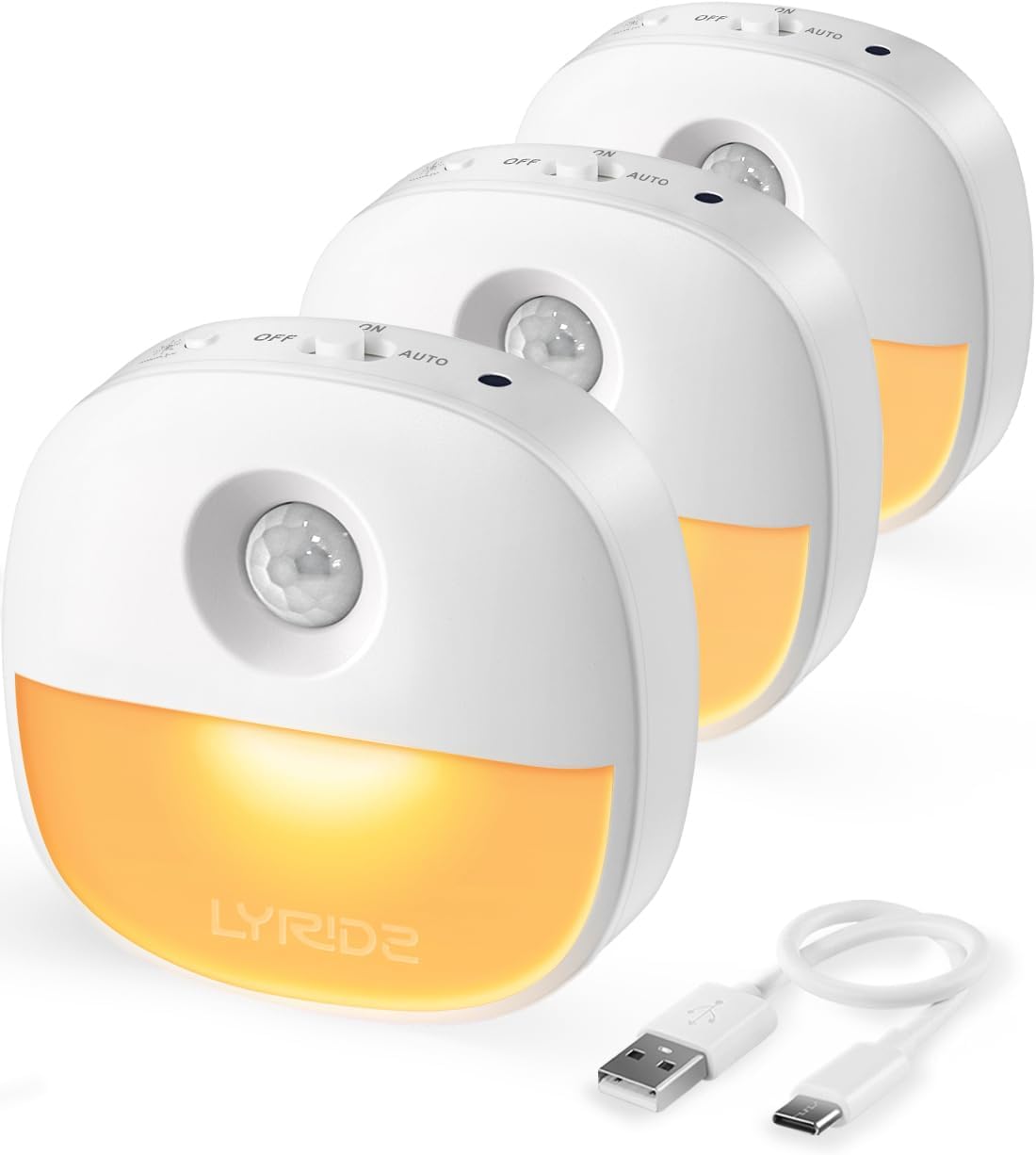 Lyridz Rechargeable Battery Night Light with Motion Sensor, Dimmable Amber Nightlights for Bathroom, Bedroom, Hallway, Stairs, Pet House…