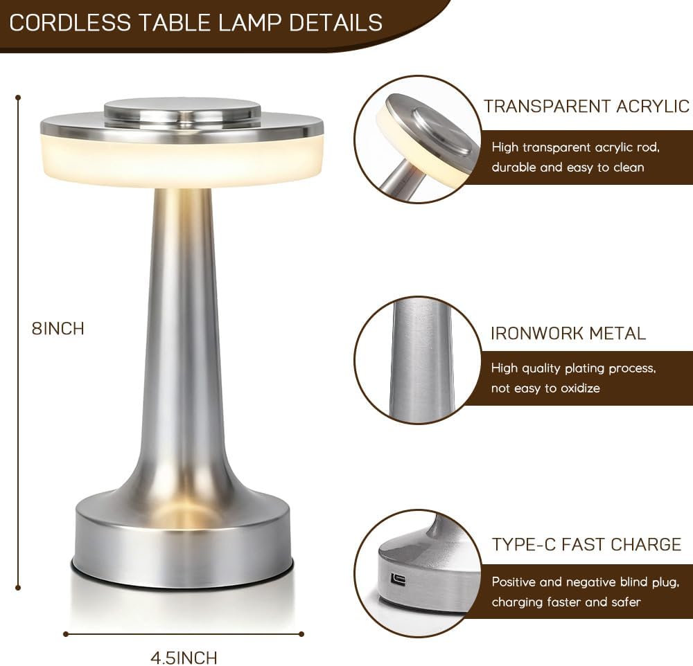 Jhpgeoe Cordless Metal Desk Lamp, Touch Sensor Control LED Table Lamp,3 Color Stepless Dimmable Battery Powered Lamp for Living Room, Dorm,…
