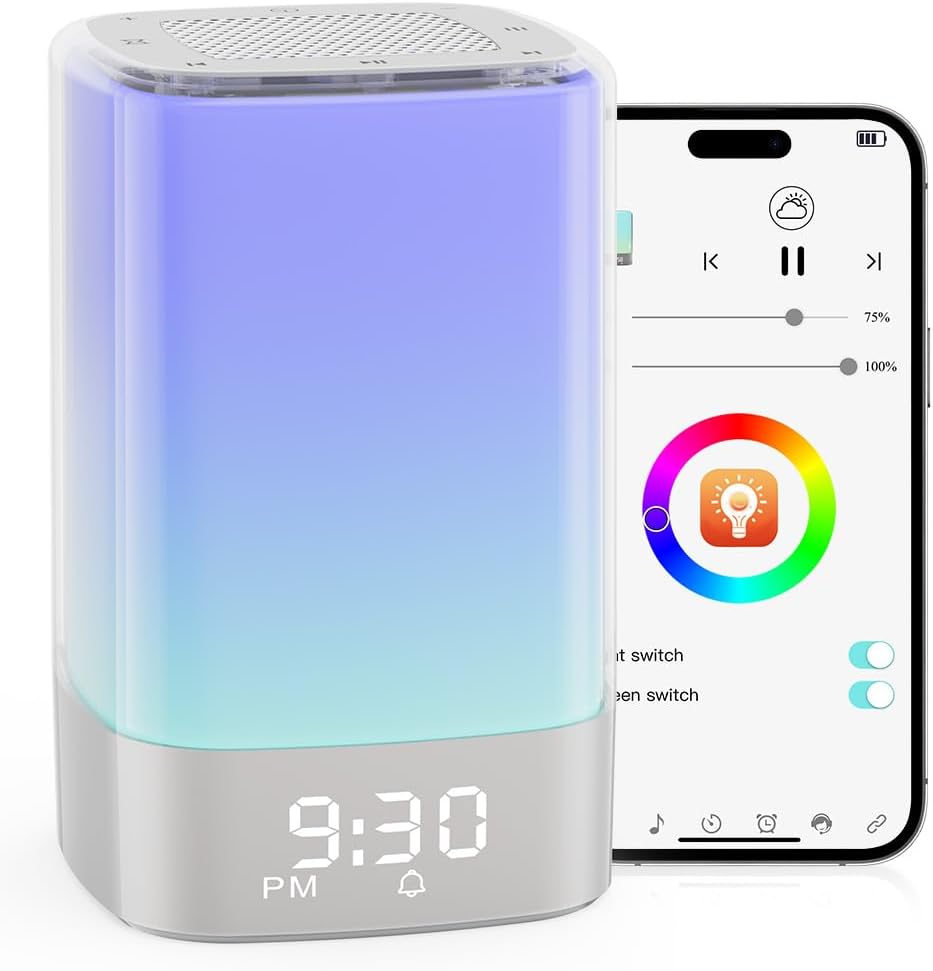 Sound Machine with 32 Soothing Sounds, Alarm Clock, White Noise Machine, Night Light, Bluetooth Speaker, App Control, Timer, Alarm Clock…