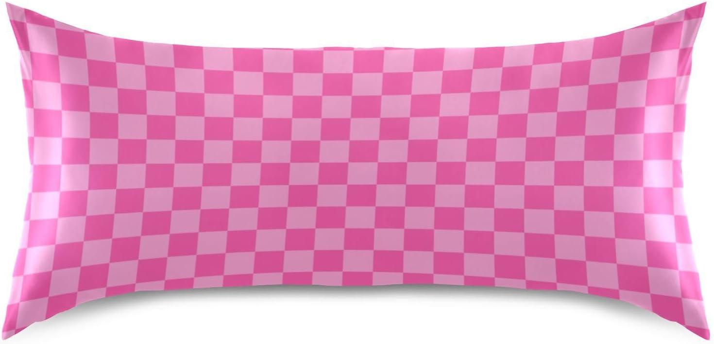 Pink Checkered Pillow Covers Silk Pillowcase for Hair and Skin Breathable Soft Cooling Satin Pillowcase Standard Size Pillow Case for…