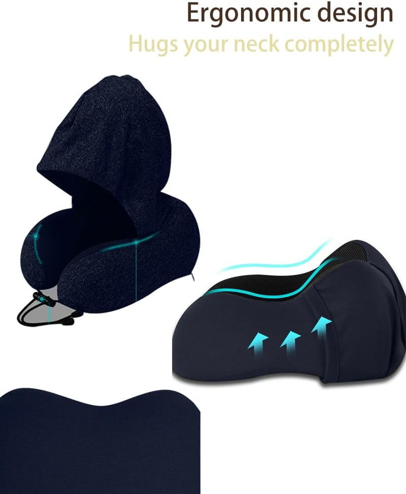 Neck Pillow with Blackout Hood, Travel Pillow for Airplane, Ergonomic Memory Foam, Adjustable Buckle Strap, Breathable & Detachable Modal…