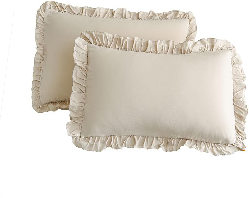 Merryword Beige Pillowcases Ruffled Pillow Shams Beige Grey Ruffle Queen Pillowcases Set of 2 Shabby Chic Pillowcases 2 Pack 2 Pack Grey