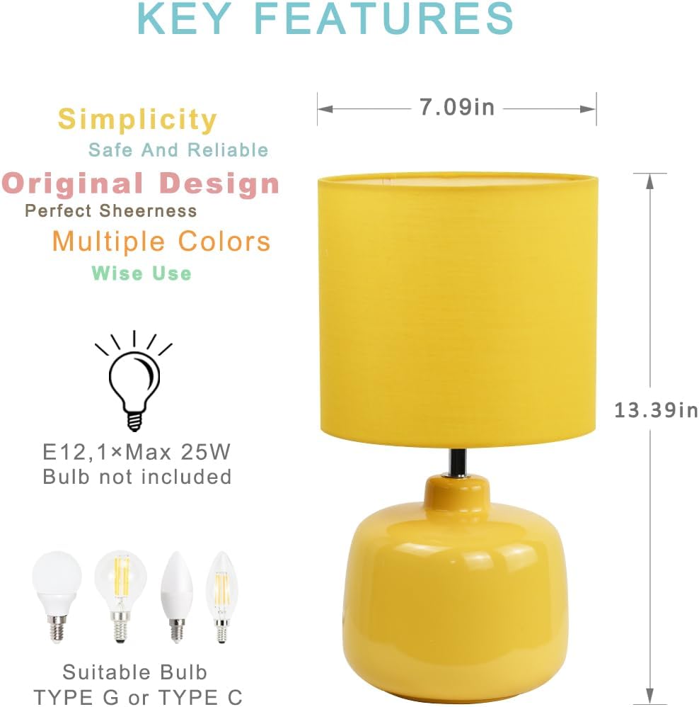 Oslo Small Ceramic Table Lamp for Living Room and Bedroom, Modern Kids Night Table Lamp, Φ7.09×H13.39IN, Bulb Excluded, Yellow