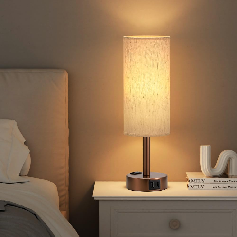 Fenmzee Brown Bedside Table Lamp for Bedroom - 3 Way Dimmable Touch Lamp USB C Charging Ports and AC Outlet, Small Lamp Round Flaxen…