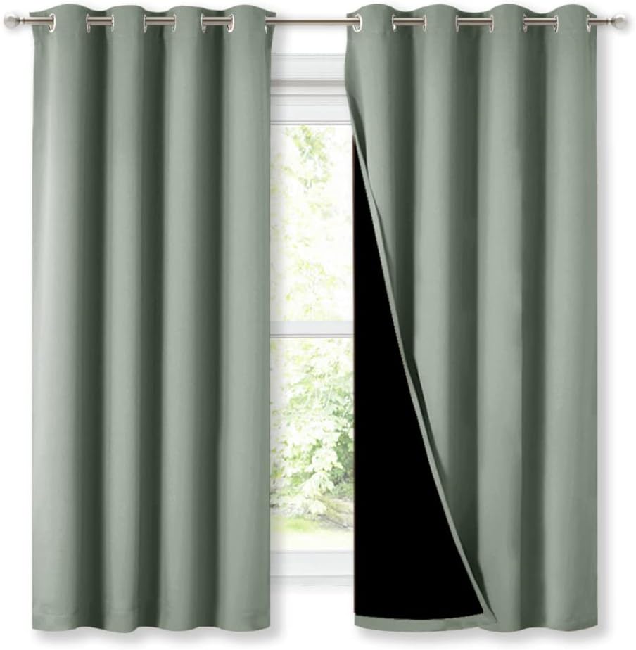 Nicetown Greyish Green 100% Blackout Lined Curtains, 2 Thick Layers Completely Blackout Window Treatment Thermal Insulated Drapes for Kitch…