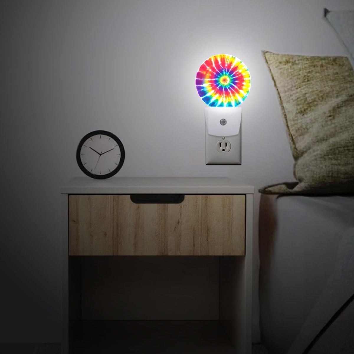 Rainbow Tie Dye Night Light Plug Into Wall Auto Led Sleep Round Lamp for Living Room Hallway Stairs