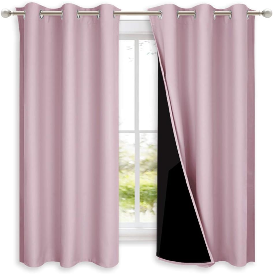 Nicetown 100% Blackout Short Curtains with Black Liners, 2 Panels, 37" W by 63" L, Baby Pink, Solid Thermal Insulated Full Blackout 2-Layer…