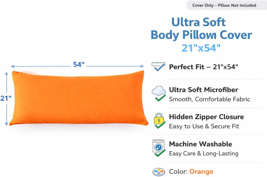 Evolive Ultra Soft Microfiber Body Pillow Cover/Pillowcases 21"x54" with Hidden Zipper Closure (21"x54" Body Pillow Cover, Orange)