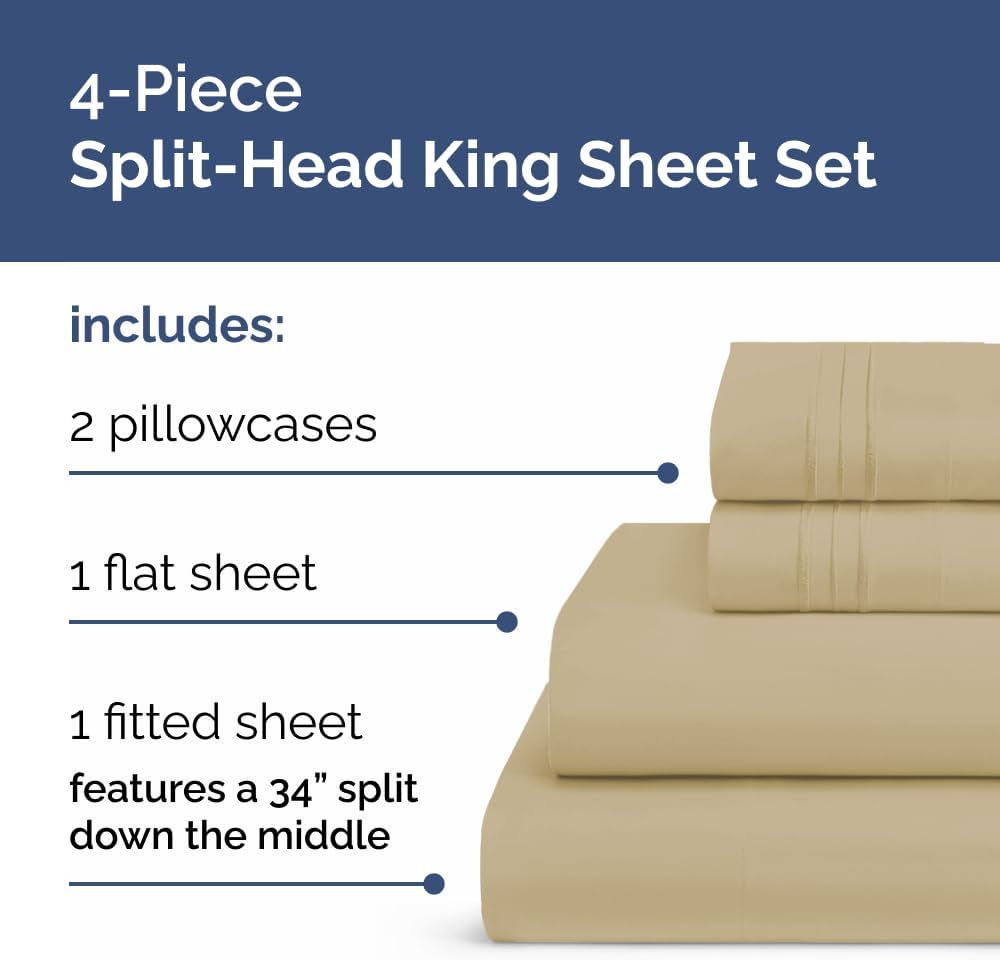 Flex Top Split Head King 4 Piece Sheet Set - Ultra-Soft, Breathable & Cooling Bed Sheets Set - Hotel Luxury Bedding for Women & Men with…
