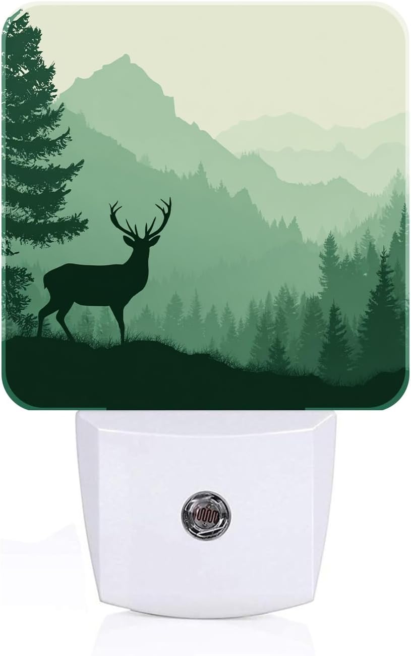 Misty Mountains Forest Night Light, Silhouette Deer Plug Into Wall for Boys Girls Bedroom Decorative Square Night Light Lamp 0.5w Sleep…