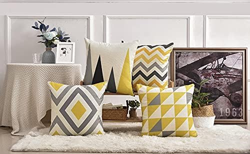 Tosewever Set of 4 Decorative Geometric Yellow Grey 18 x 18 Inches Throw Pillow Covers - Modern Pattern Linen Square Pillow Cushion Case fo…