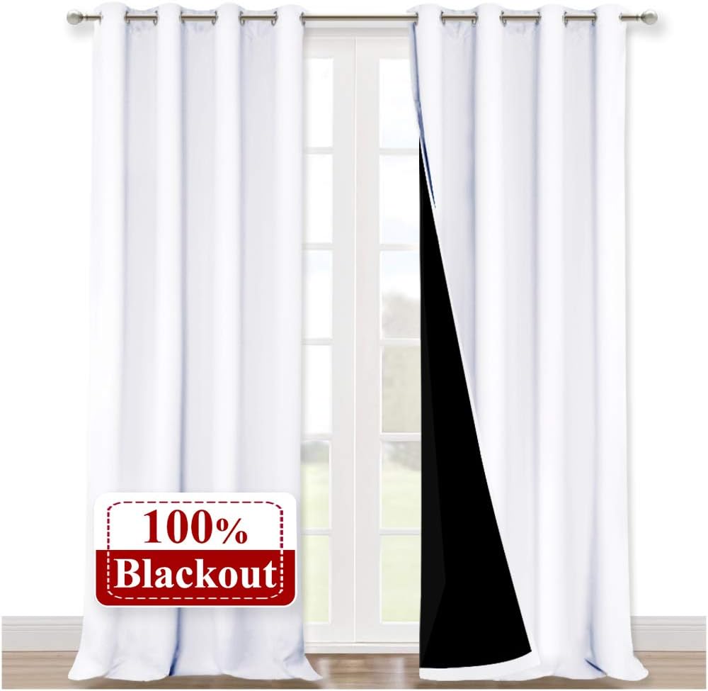 Nicetown White 100% Blackout Curtains for Windows, Pack of 2, 52 inches W x 120 inches L, Super Heavy-Duty Black Lined Total Darkness Drape…