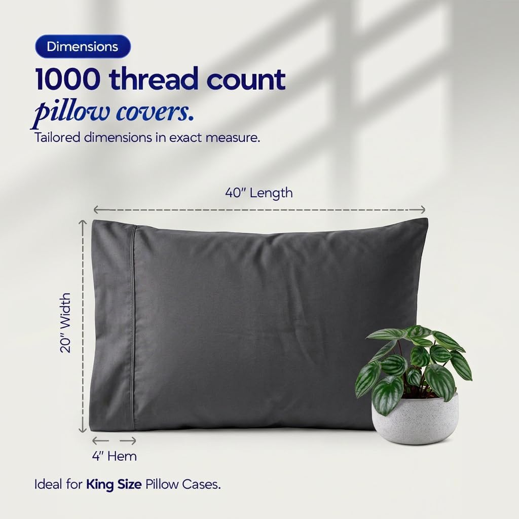 1000 TC Pillowcases Set of 2 100% Egyptian Cotton Pillow Cases with Long Staple Cotton & Sateen Weave, Silky Soft Hotel Like Bed Pillow…