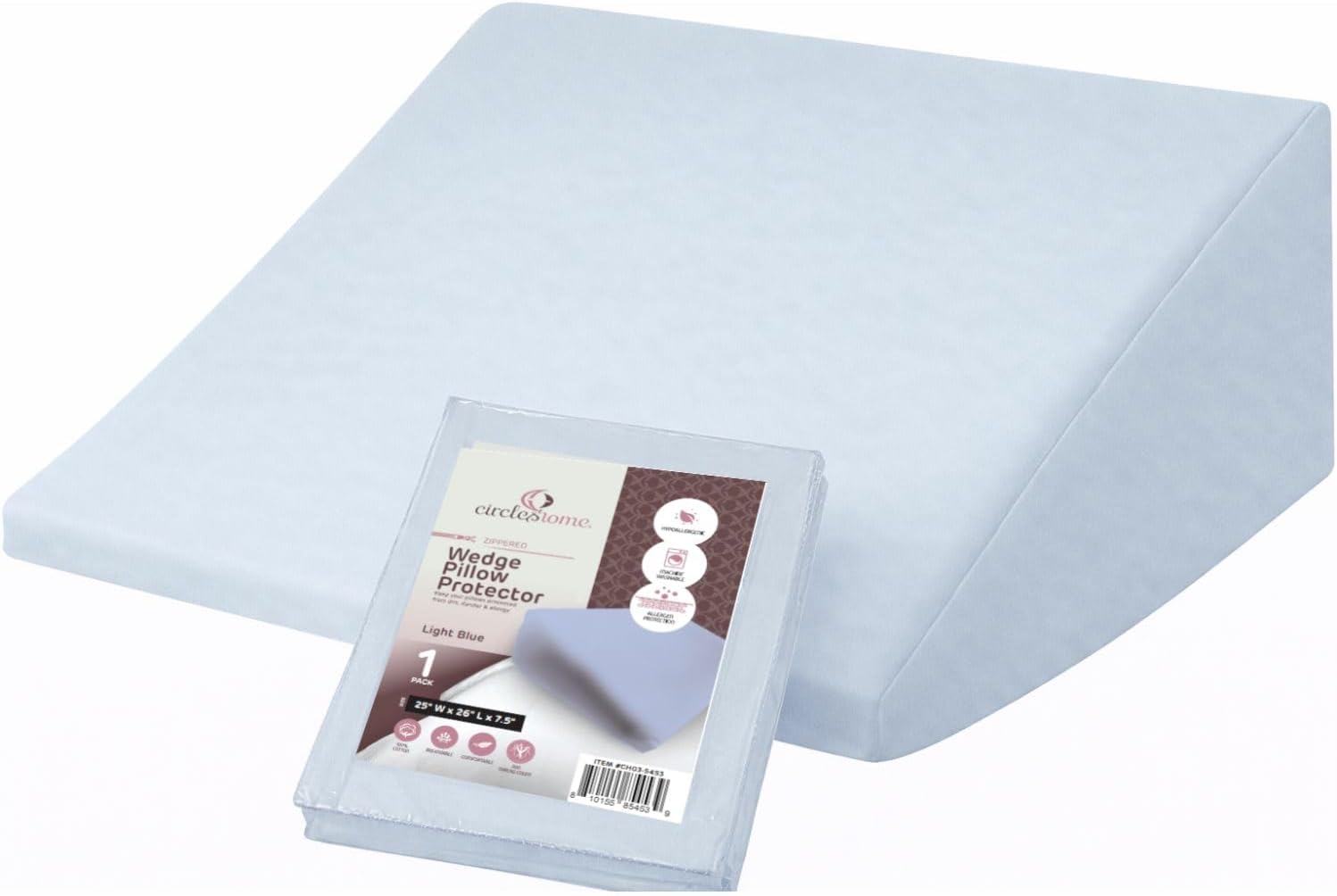 CirclesHome Wedge Pillow Cover 100% Cotton, Zippered Wedge Pillow Case Protector, Soft, Hypoallergenic & Breathable -Light Blue, (25Wx26Lx7…